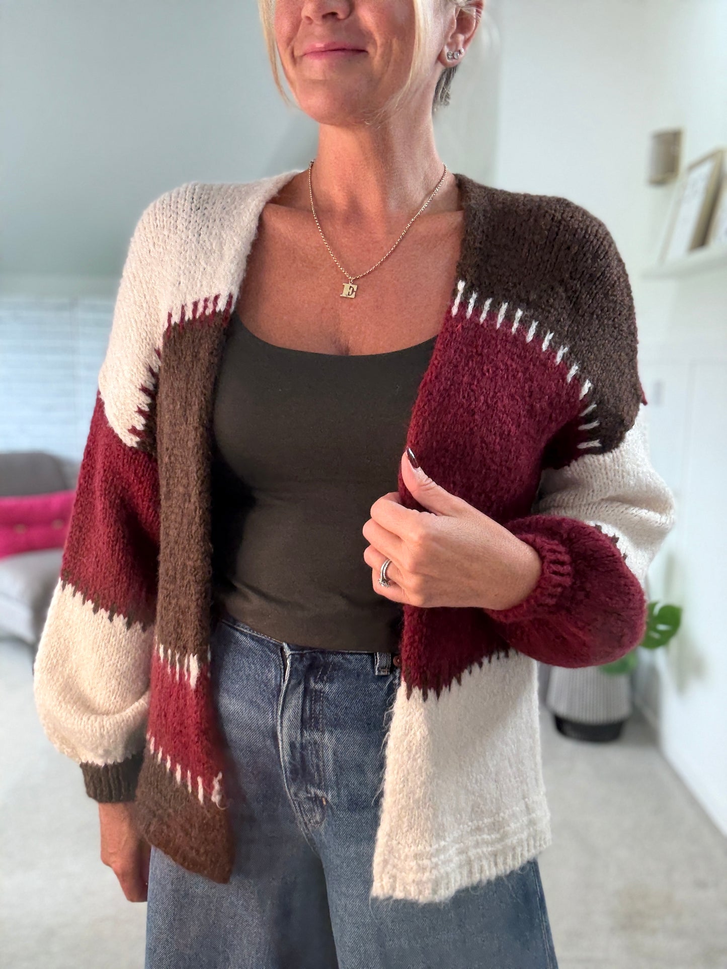 Burgundy/Chocolate Patchwork Contrast Stitch Cosy Cardigan