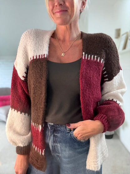 Burgundy/Chocolate Patchwork Contrast Stitch Cosy Cardigan