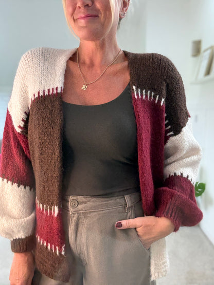 Burgundy/Chocolate Patchwork Contrast Stitch Cosy Cardigan
