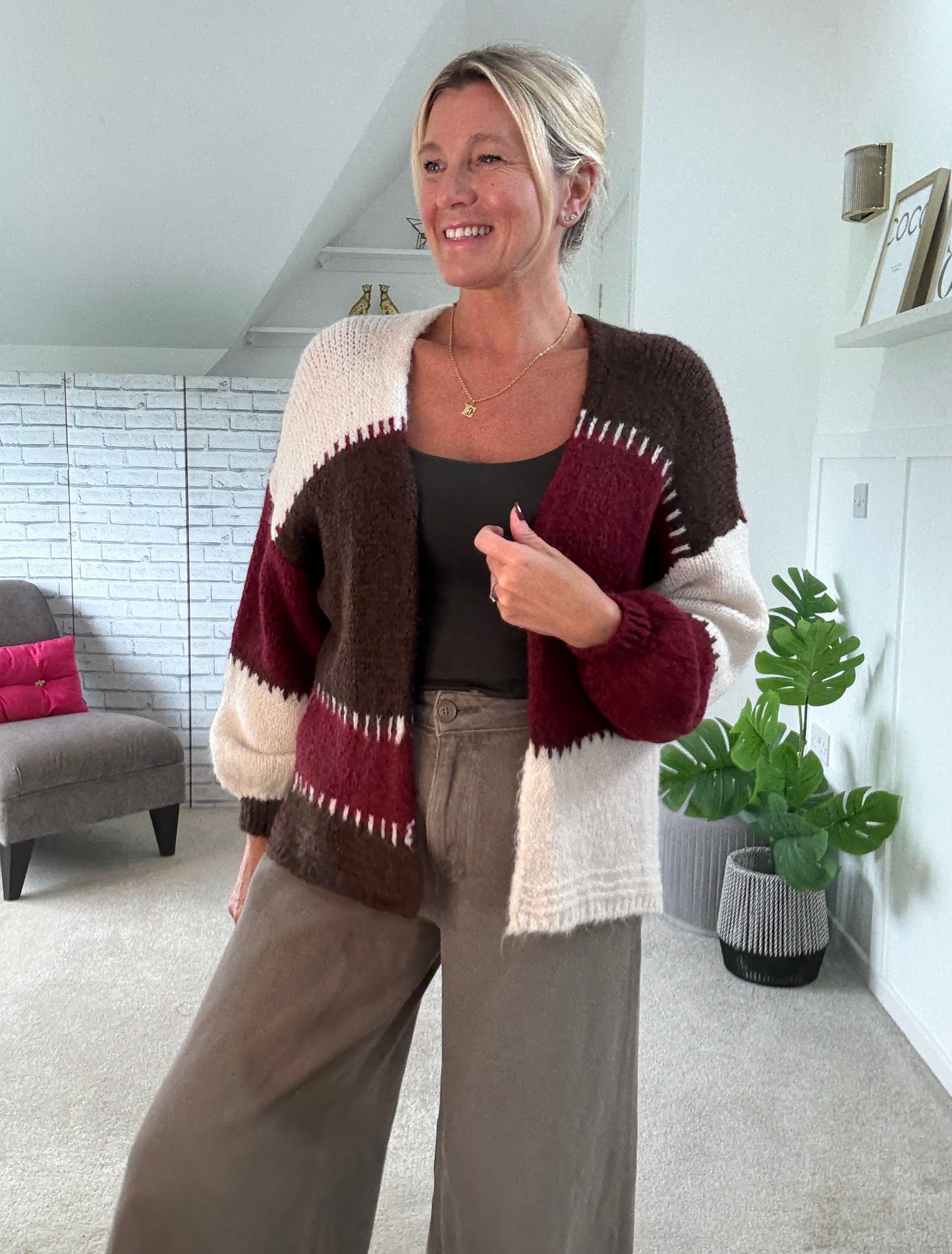 Burgundy/Chocolate Patchwork Contrast Stitch Cosy Cardigan