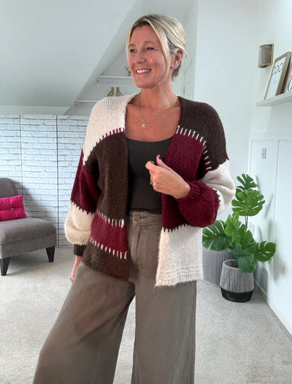Burgundy/Chocolate Patchwork Contrast Stitch Cosy Cardigan