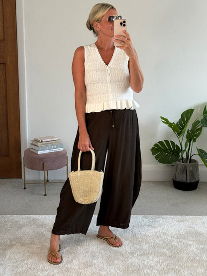 Chocolate Floaty Barrel Crop Trousers