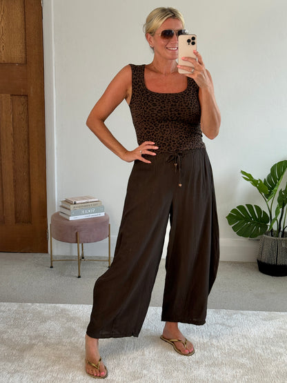 Chocolate Floaty Barrel Crop Trousers