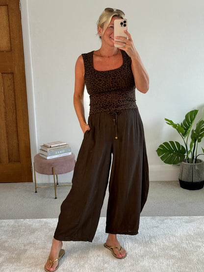 Chocolate Floaty Barrel Crop Trousers
