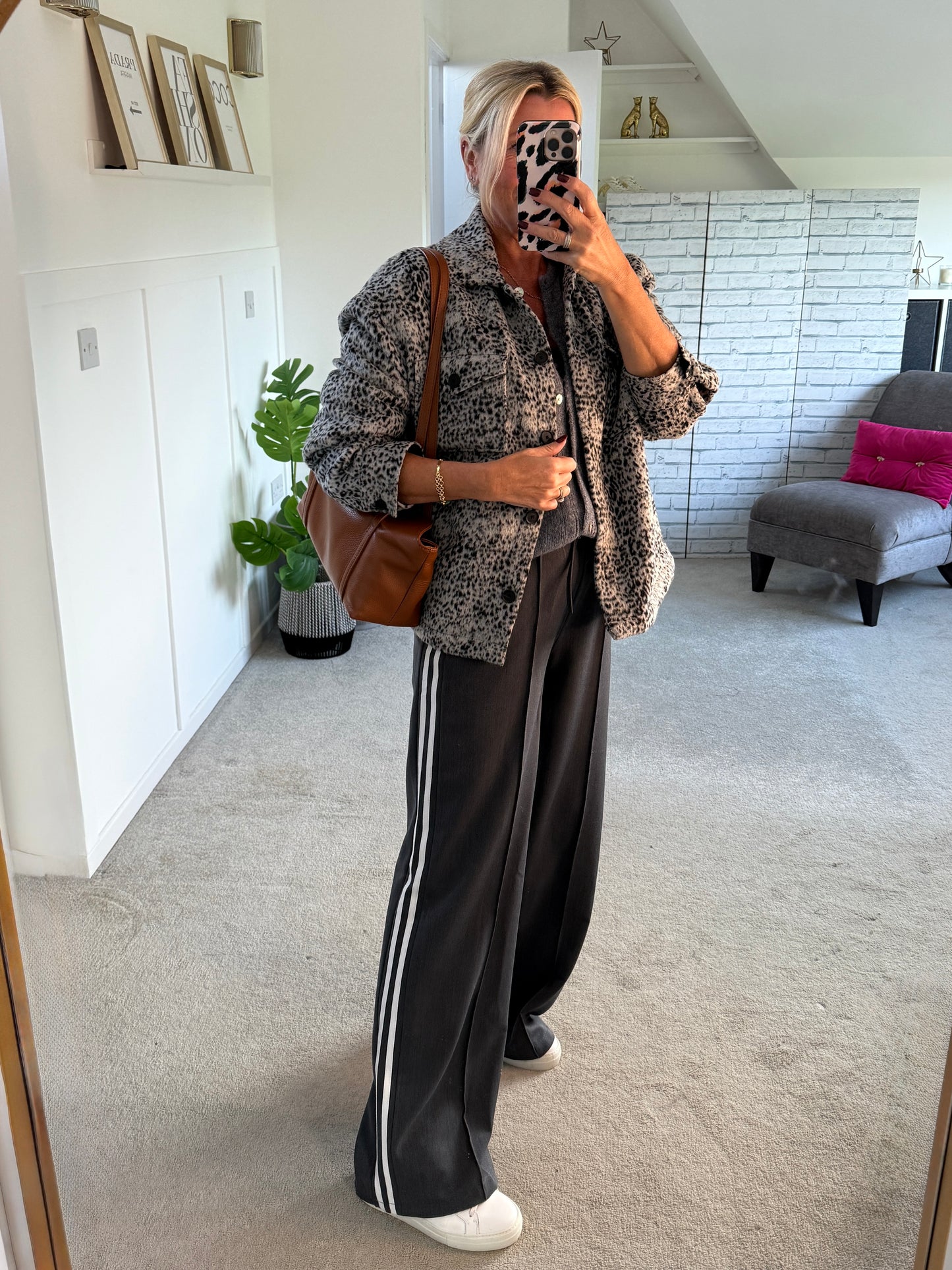 Grey Twill Double Stripe Wide Leg Trousers