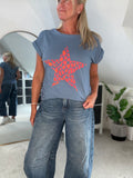 Denim Blue Neon Leopard Star T shirt