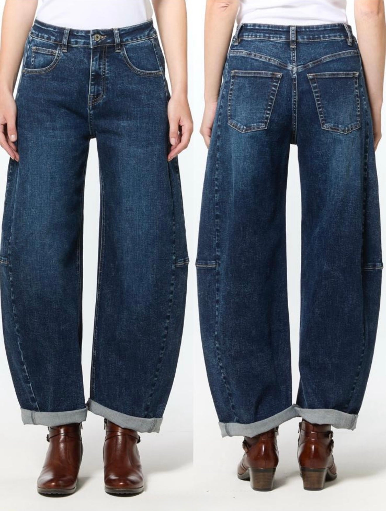 Dark Denim Barrel Leg Panel Jeans