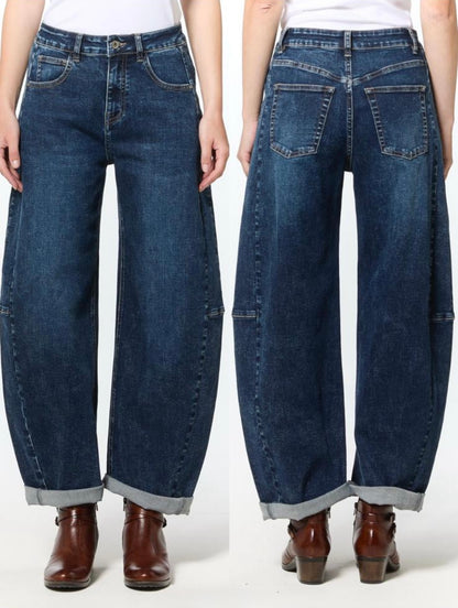 Dark Denim Barrel Leg Panel Jeans