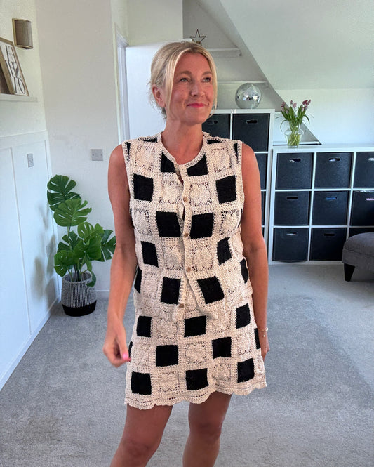 Crochet Black/Stone Waistcoat & Skirt Co Ord