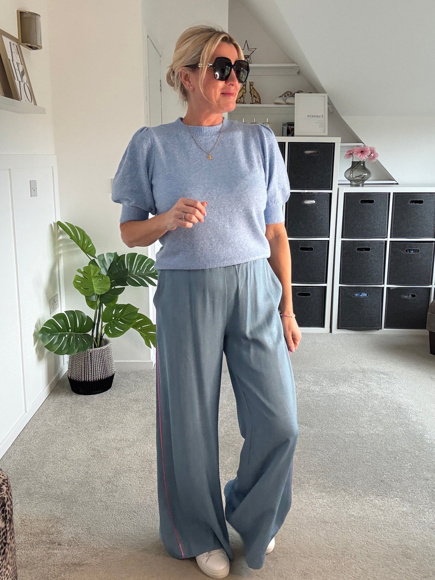 Chambray/Pink Stripe Wide Leg Trousers