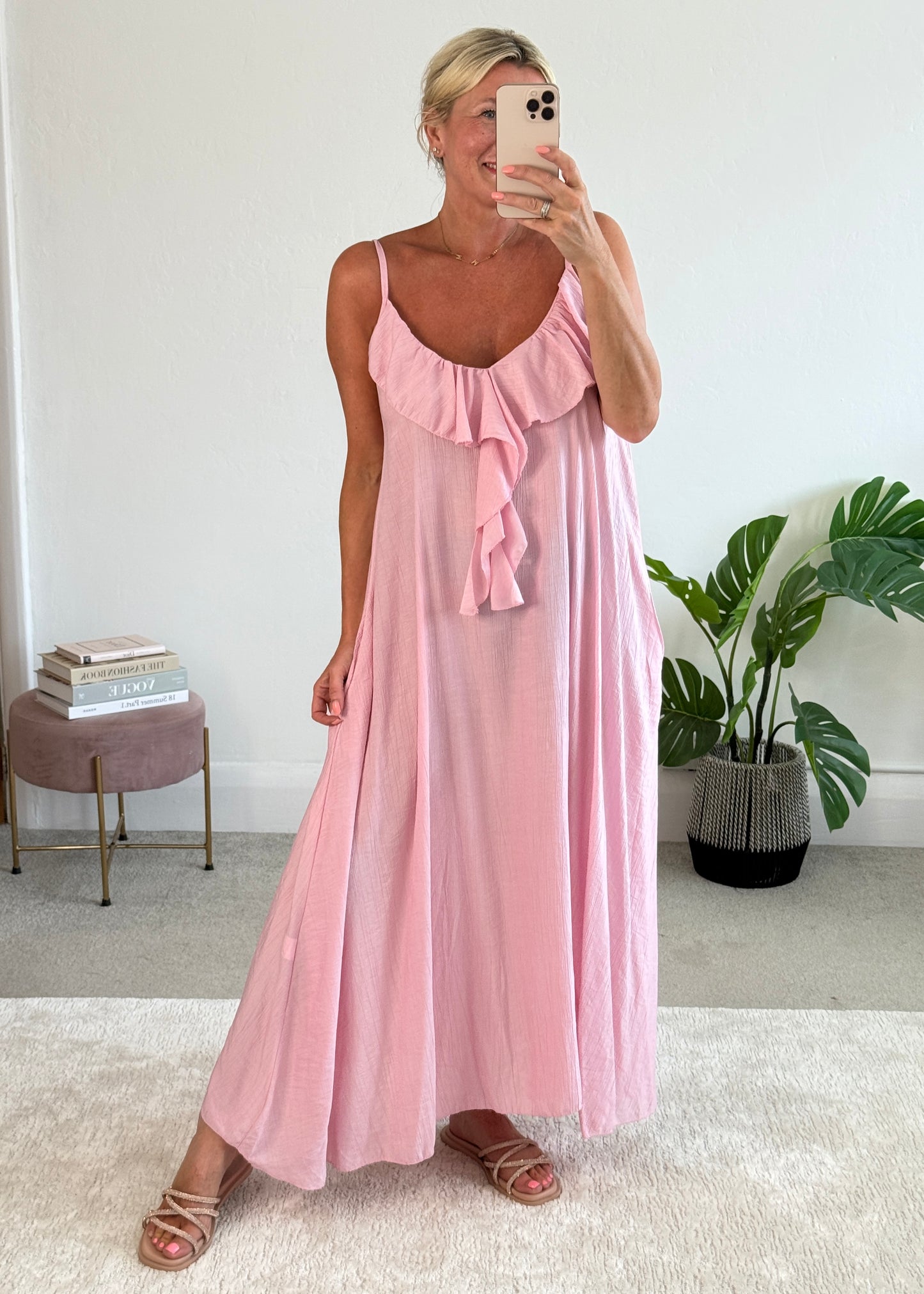 Candy Pink Ruffle Front Maxi Dress