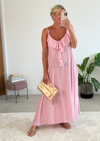 Candy Pink Ruffle Front Maxi Dress