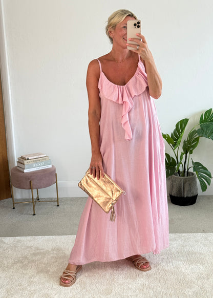 Candy Pink Ruffle Front Maxi Dress