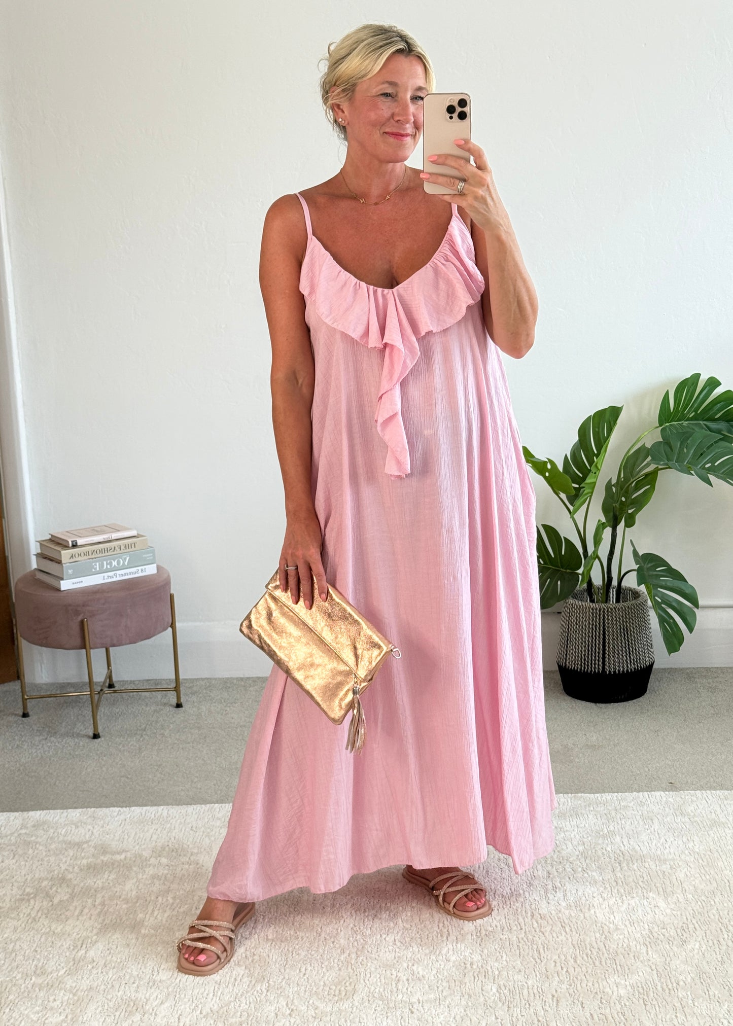 Candy Pink Ruffle Front Maxi Dress