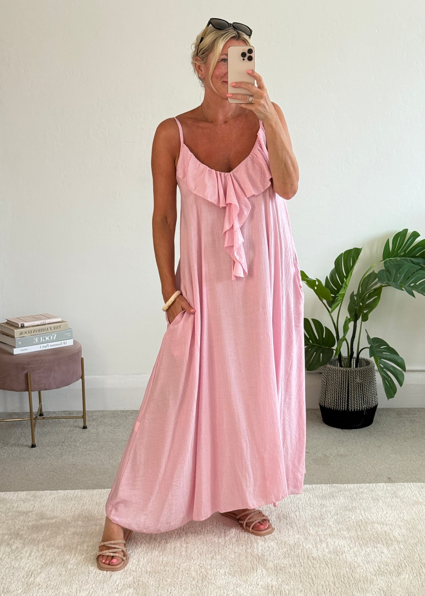 Candy Pink Ruffle Front Maxi Dress