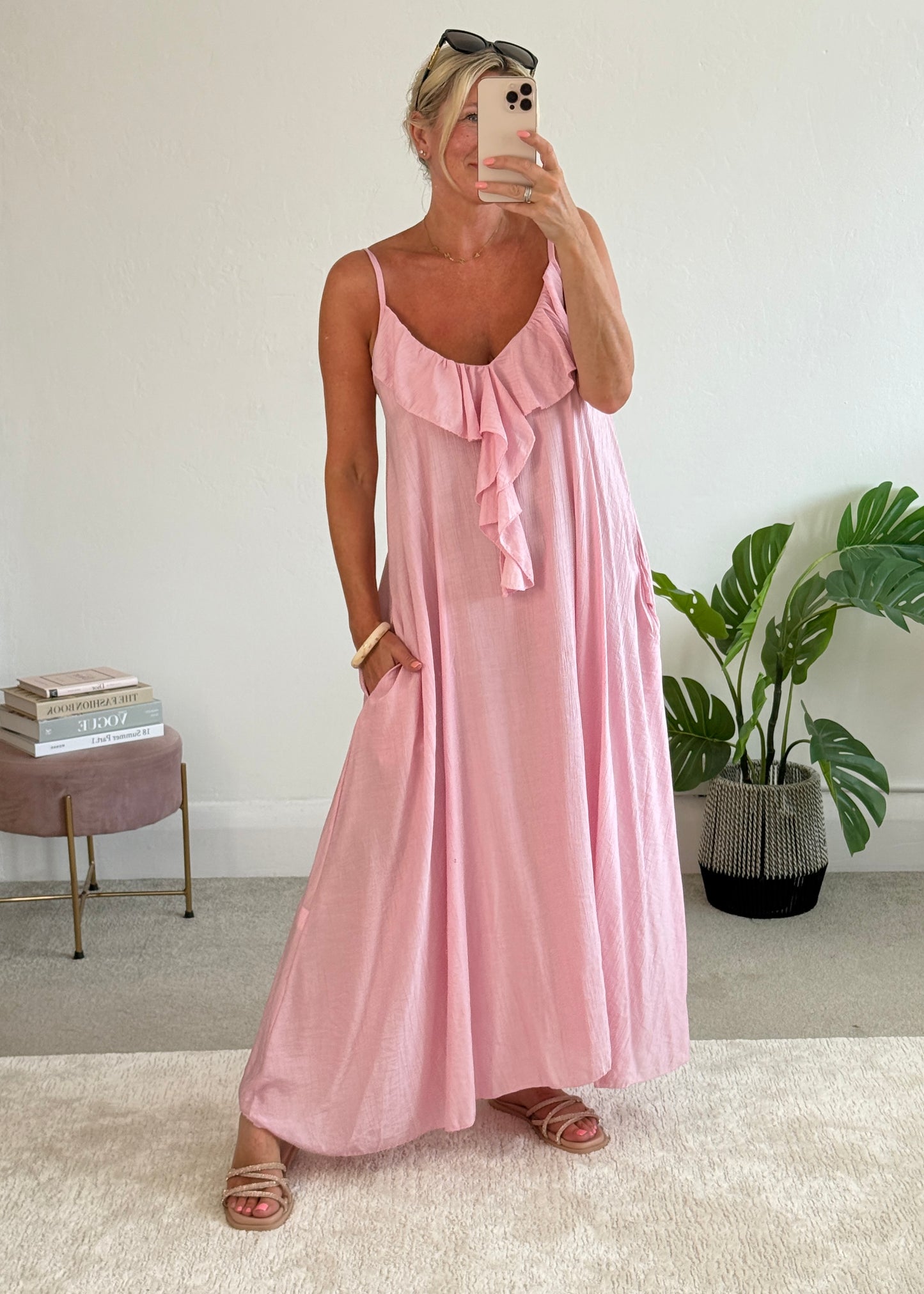 Candy Pink Ruffle Front Maxi Dress
