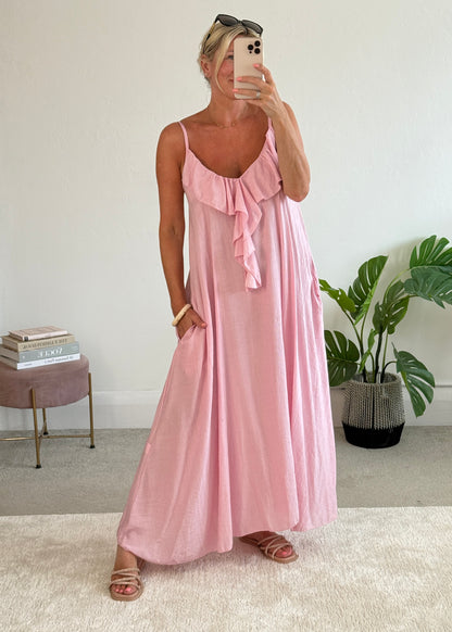 Candy Pink Ruffle Front Maxi Dress
