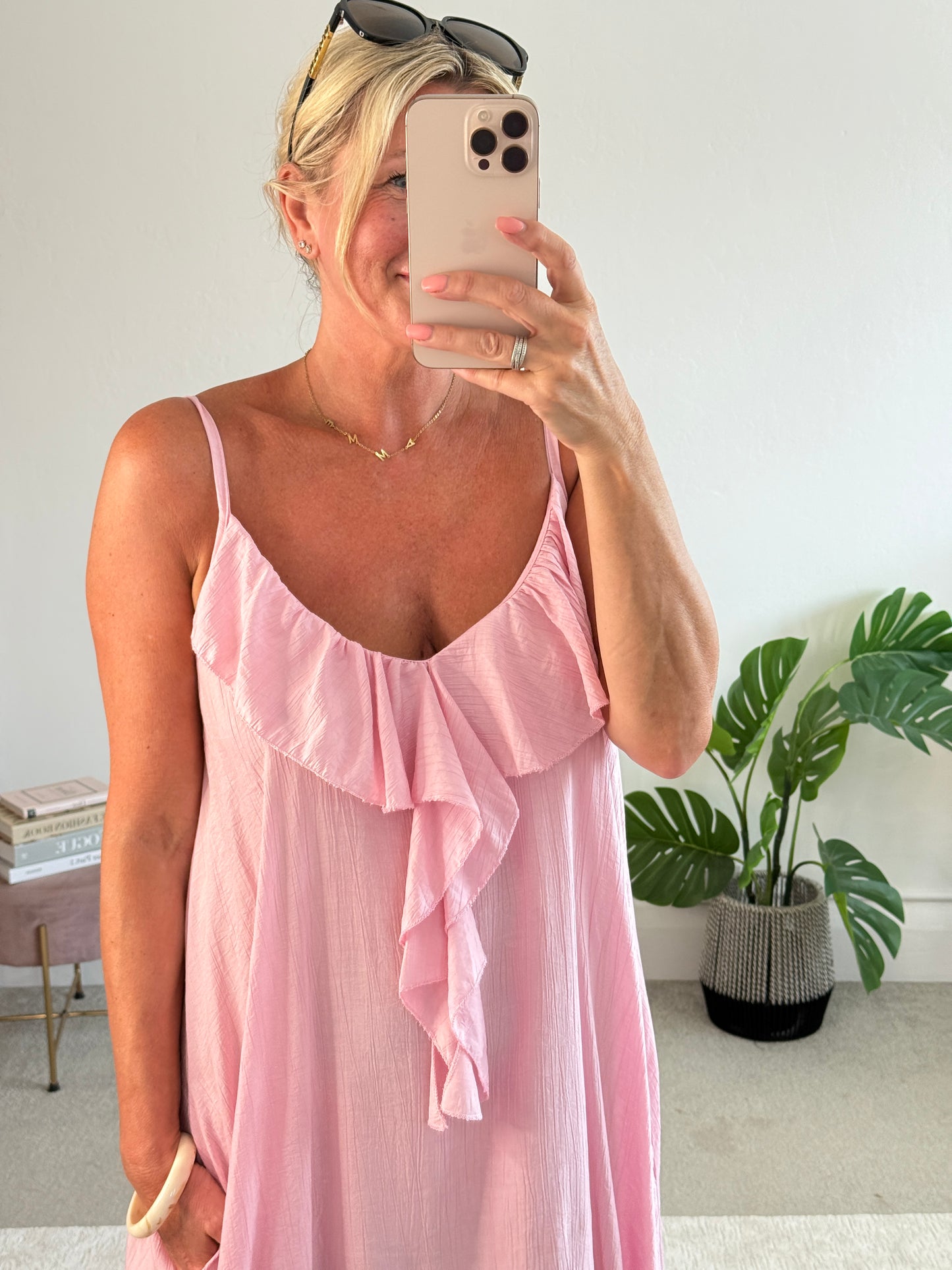 Candy Pink Ruffle Front Maxi Dress
