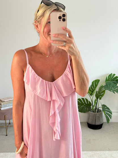 Candy Pink Ruffle Front Maxi Dress