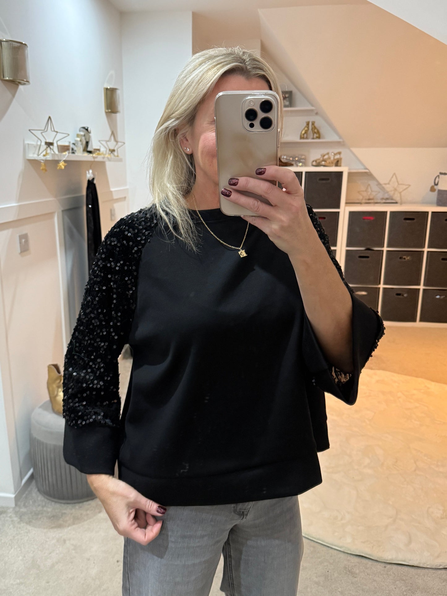 Black/Gold Sequin Sleeve Soft Top