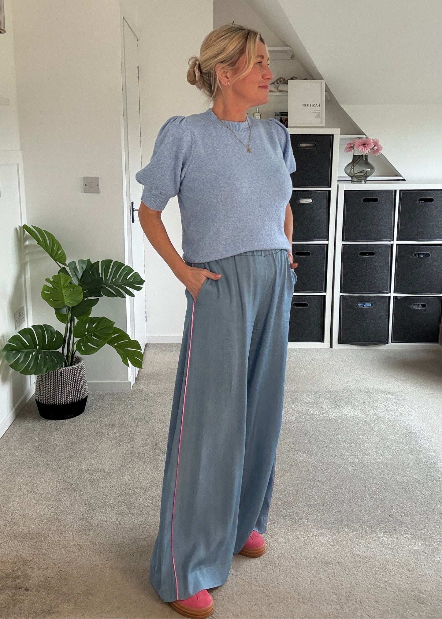 Chambray/Pink Stripe Wide Leg Trousers