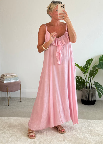 Candy Pink Ruffle Front Maxi Dress