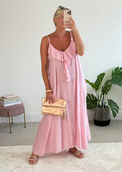 Candy Pink Ruffle Front Maxi Dress