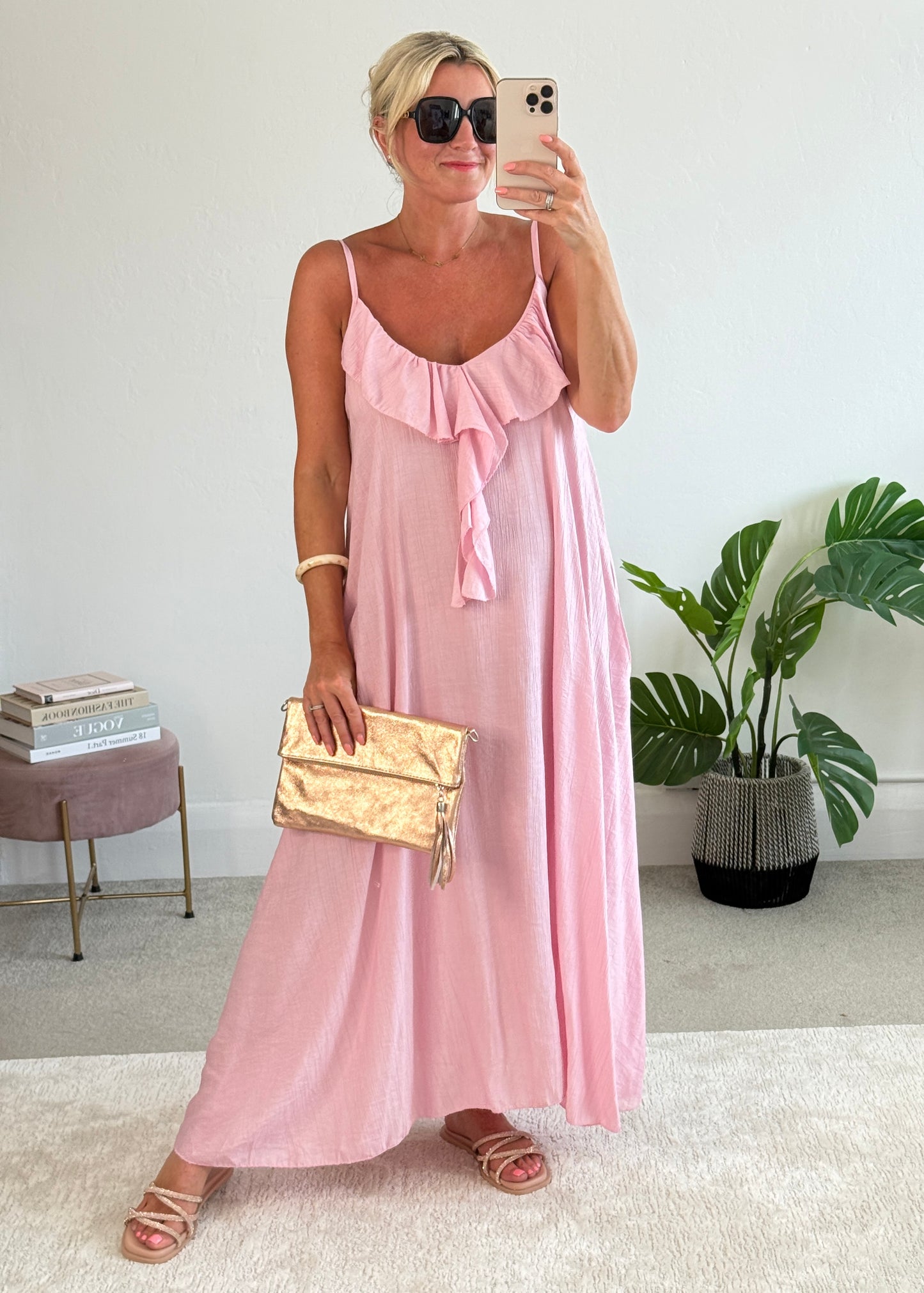 Candy Pink Ruffle Front Maxi Dress