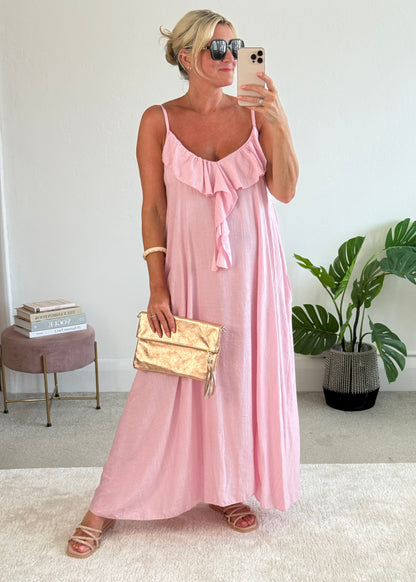 Candy Pink Ruffle Front Maxi Dress