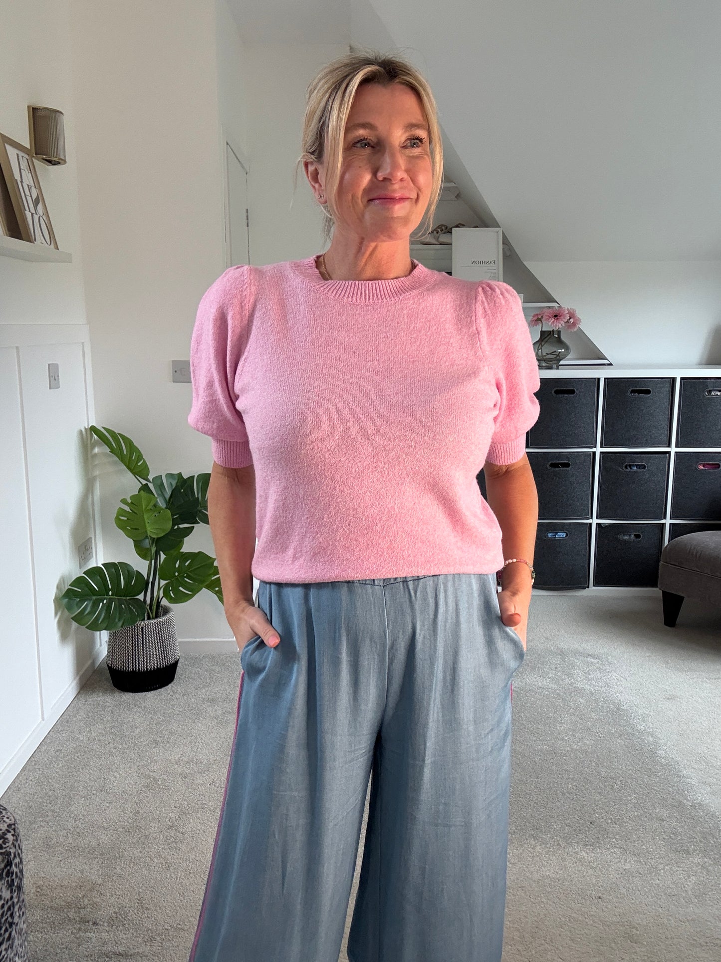 Chambray/Pink Stripe Wide Leg Trousers