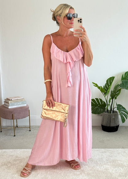 Candy Pink Ruffle Front Maxi Dress