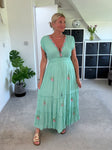 Aqua Embroidered V Neck Grecian Maxi Dress