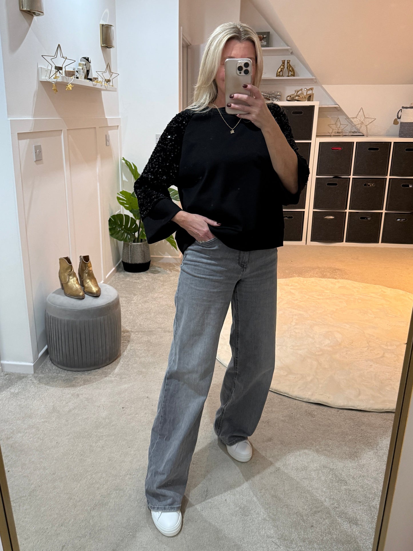 Black/Gold Sequin Sleeve Soft Top