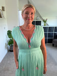 Aqua Embroidered V Neck Grecian Maxi Dress