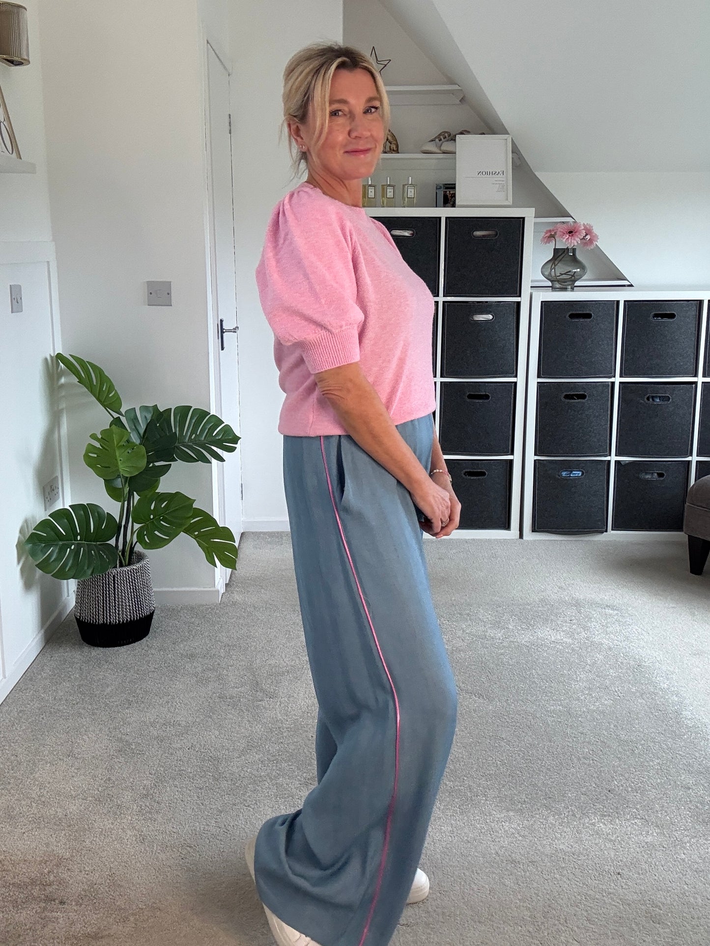 Chambray/Pink Stripe Wide Leg Trousers