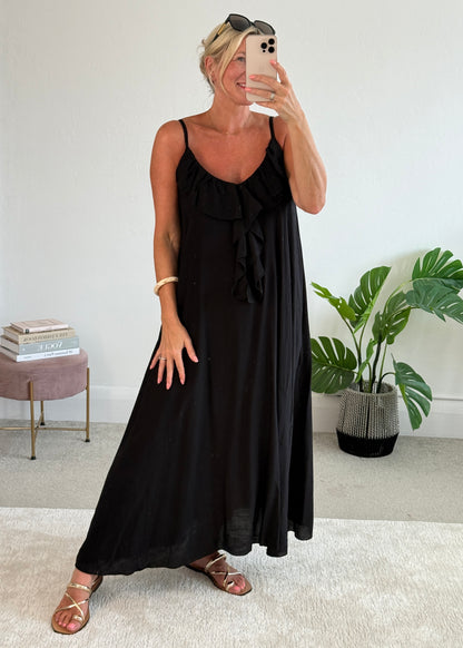 Black Ruffle Front Maxi Dress