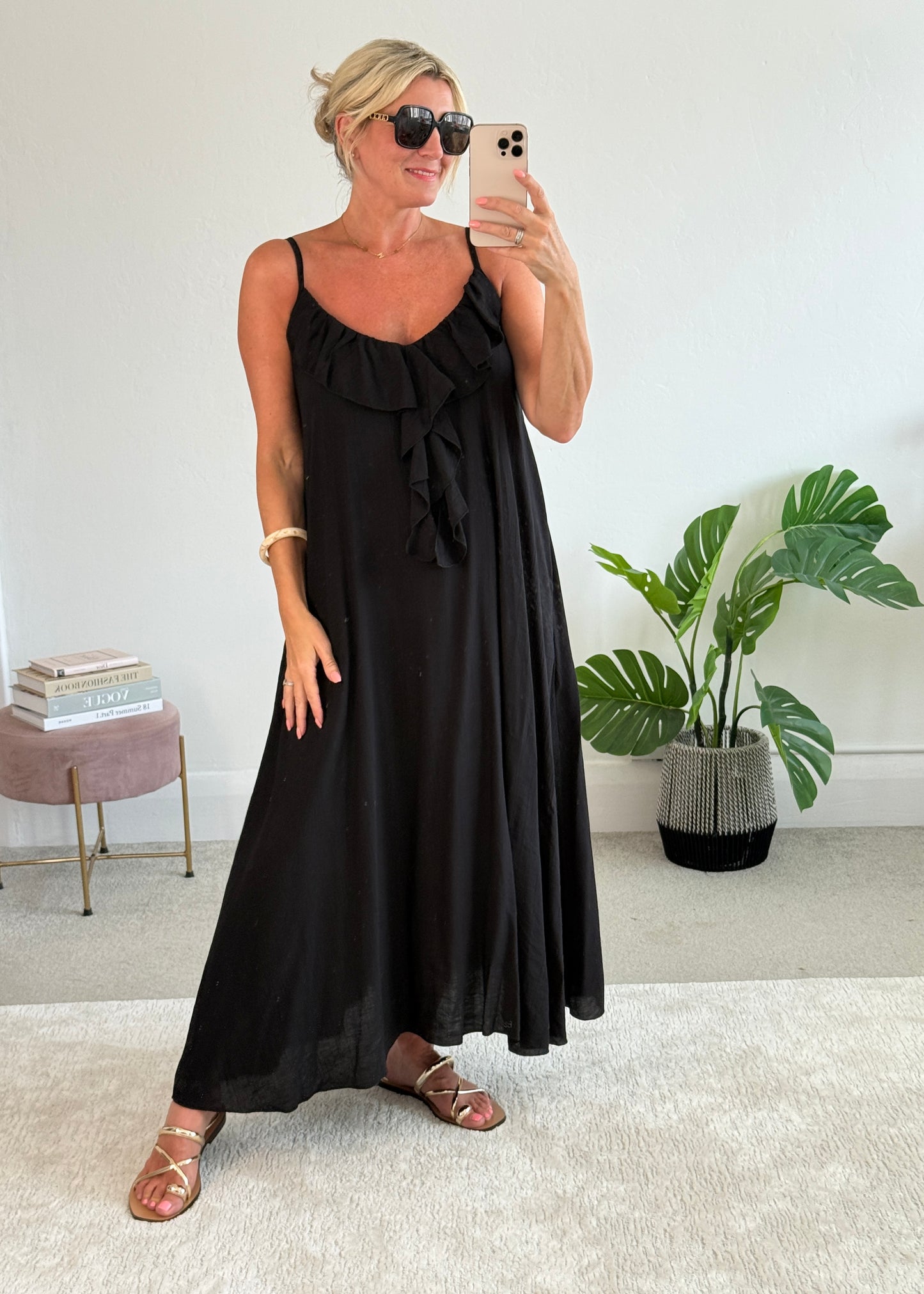 Black Ruffle Front Maxi Dress