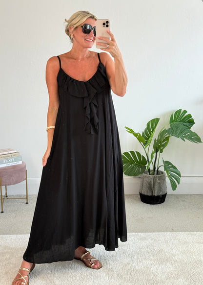 Black Ruffle Front Maxi Dress