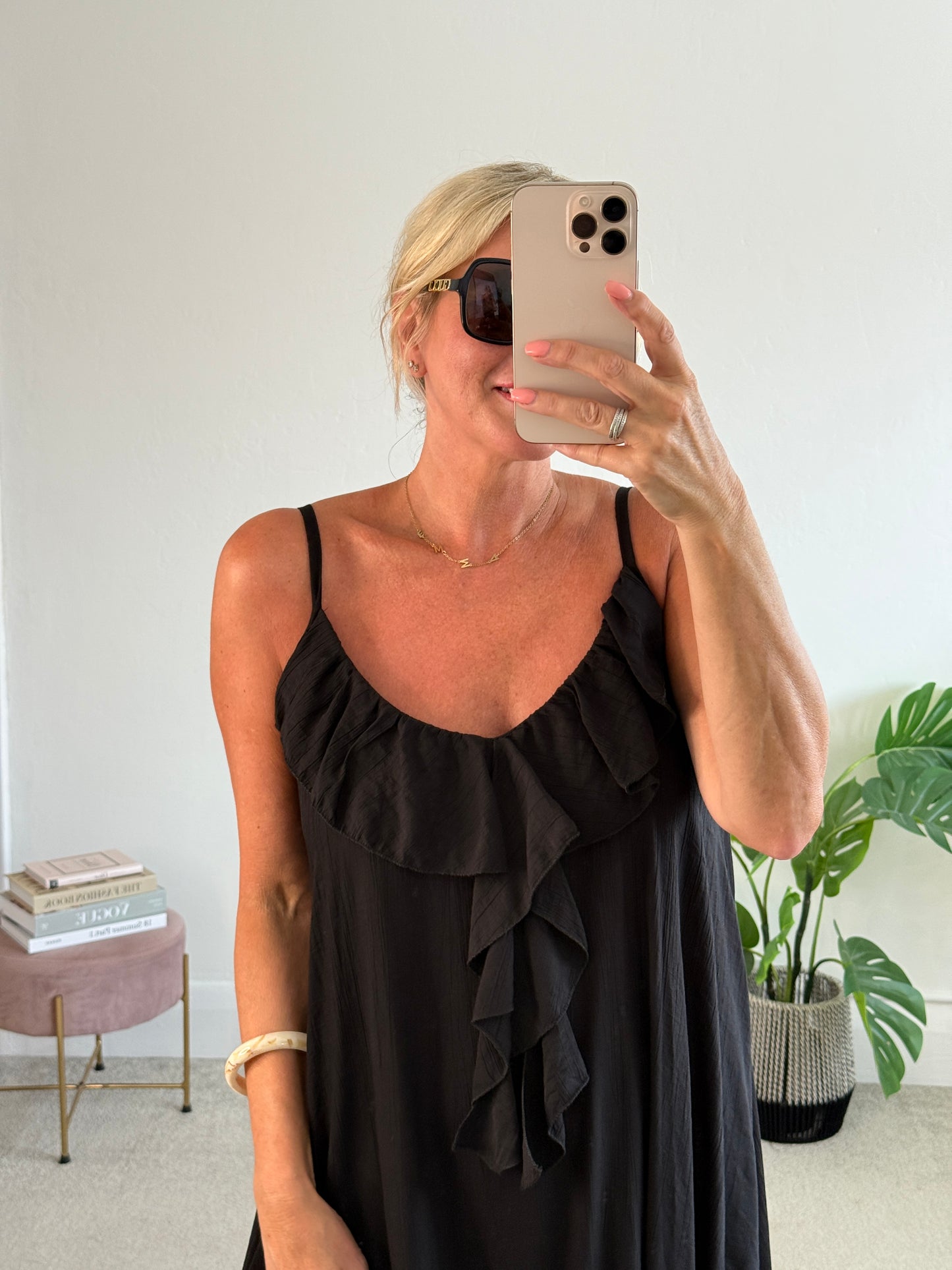 Black Ruffle Front Maxi Dress