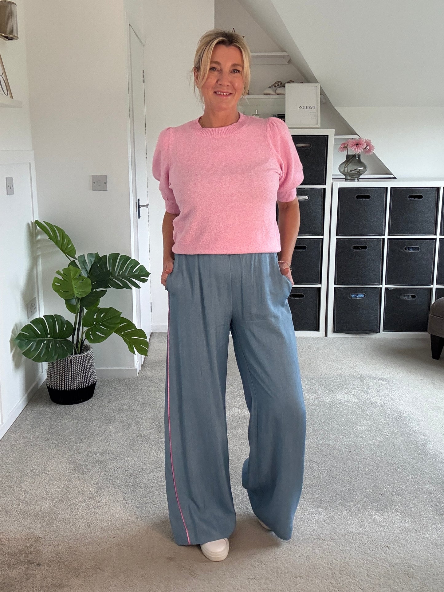 Chambray/Pink Stripe Wide Leg Trousers