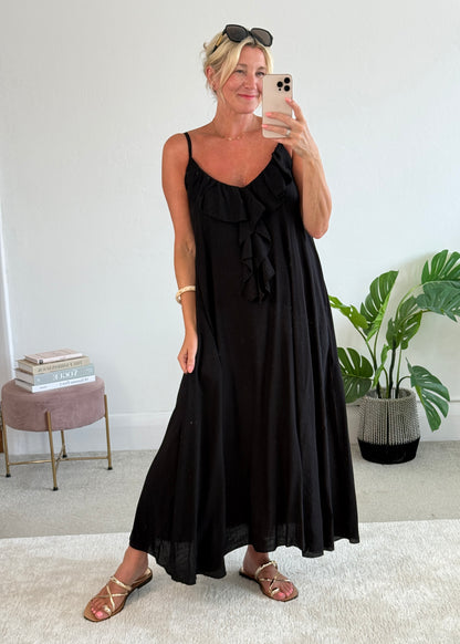 Black Ruffle Front Maxi Dress