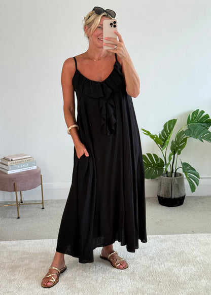 Black Ruffle Front Maxi Dress