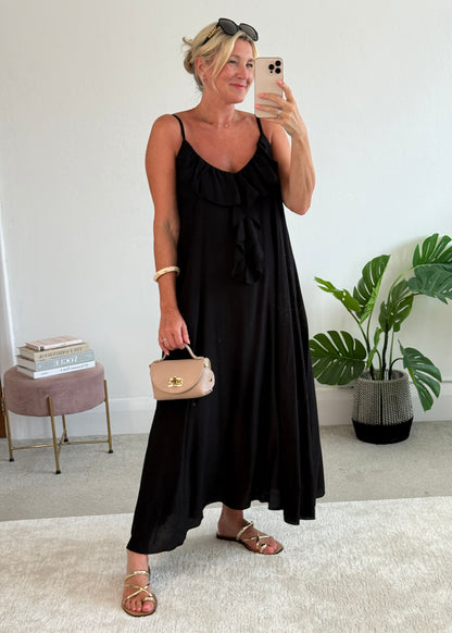 Black Ruffle Front Maxi Dress