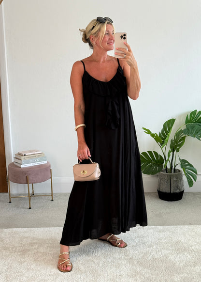 Black Ruffle Front Maxi Dress