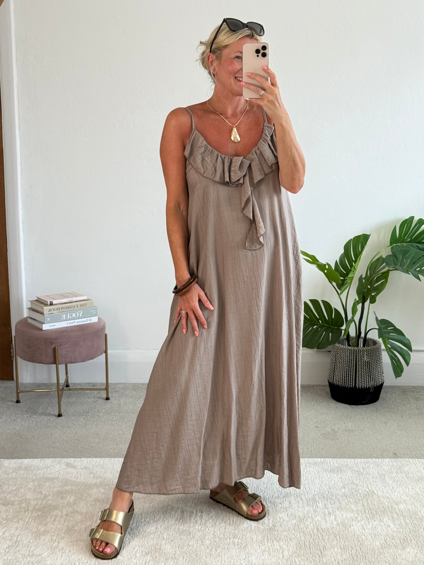 Mocha Ruffle Front Strappy Maxi Dress