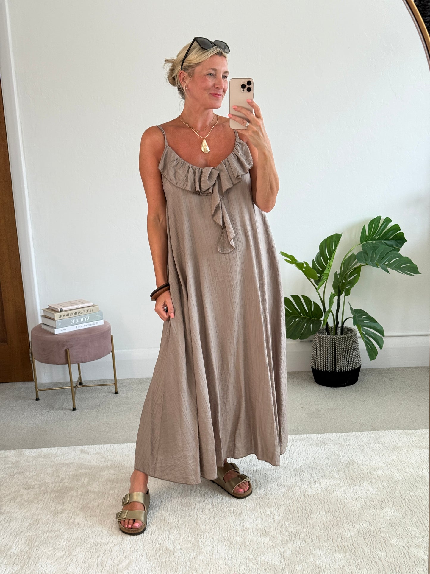 Mocha Ruffle Front Strappy Maxi Dress