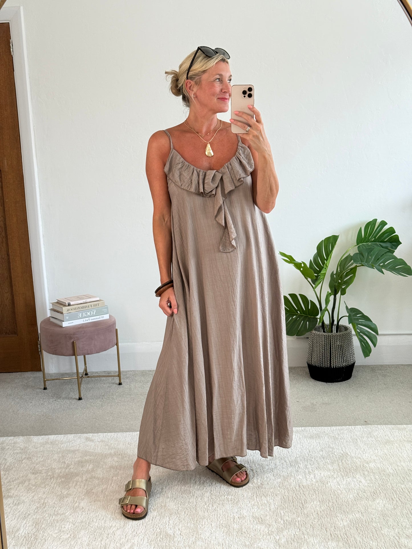 Mocha Ruffle Front Strappy Maxi Dress