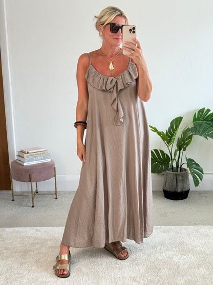 Mocha Ruffle Front Strappy Maxi Dress