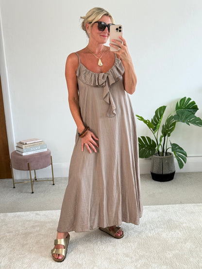 Mocha Ruffle Front Strappy Maxi Dress