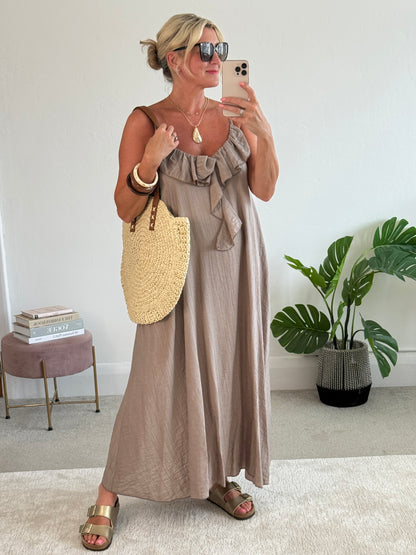 Mocha Ruffle Front Strappy Maxi Dress